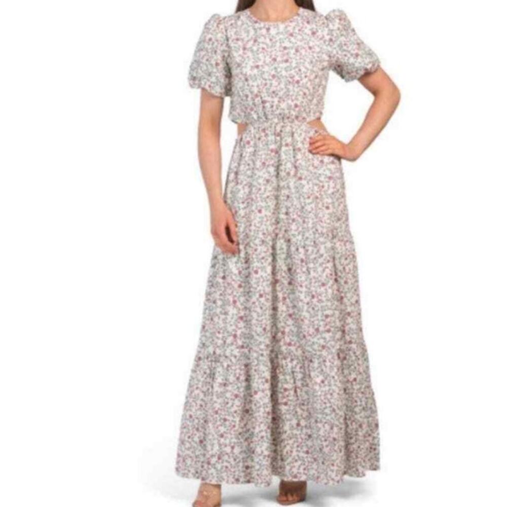 WAYF Women Plaza Cutout Tiered Floral Maxi Dress Large Cream Floral Cottagecore